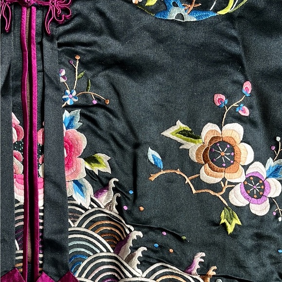 Vintage 1960s Chinese 100% Silk Black Embroidered Jacket Mandarin Collar Medium - Picture 9 of 16